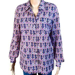 Tory Burch Purple Print Adjustable Sleeve Blouse Top Enameled Buttons Sz 8